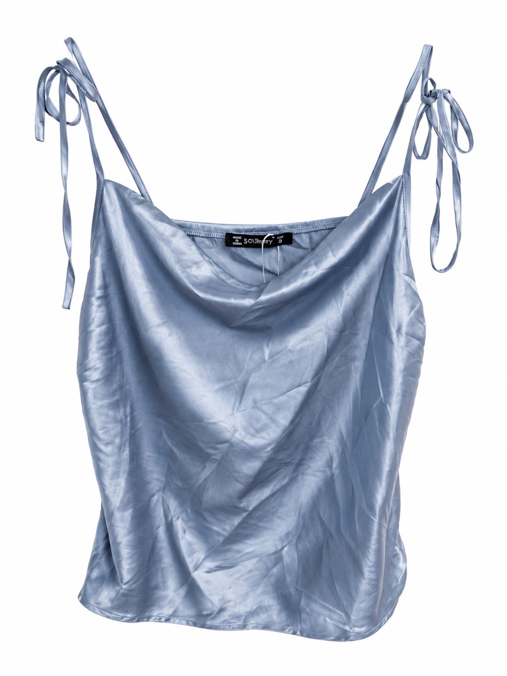 Sofia Tie-Shoulder Satin Cowl Tank in Light Blue